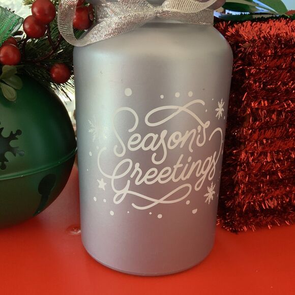 Silver Decorative Glass Seasons Greetings Jar With Bow - Picture 2 of 4